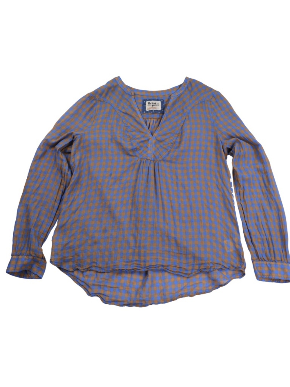 Anthropologie Holding Horses Blue Tan Gingham Long Sleeve Blouse Size 10